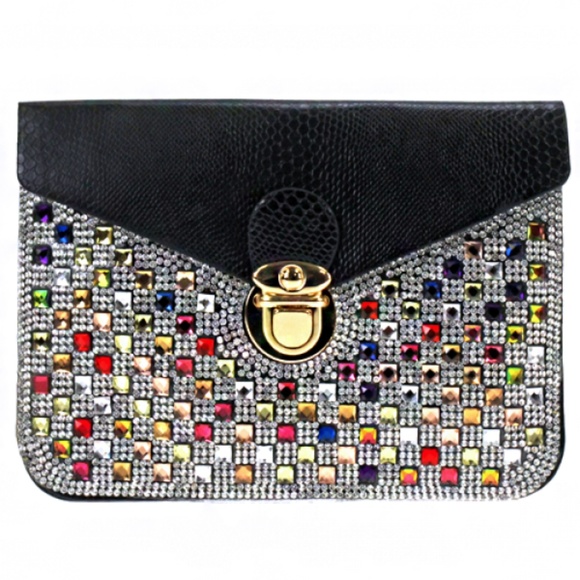 Simple Feather Boutique Accessories - Black Crystal Touch Screen Friendly Clutch